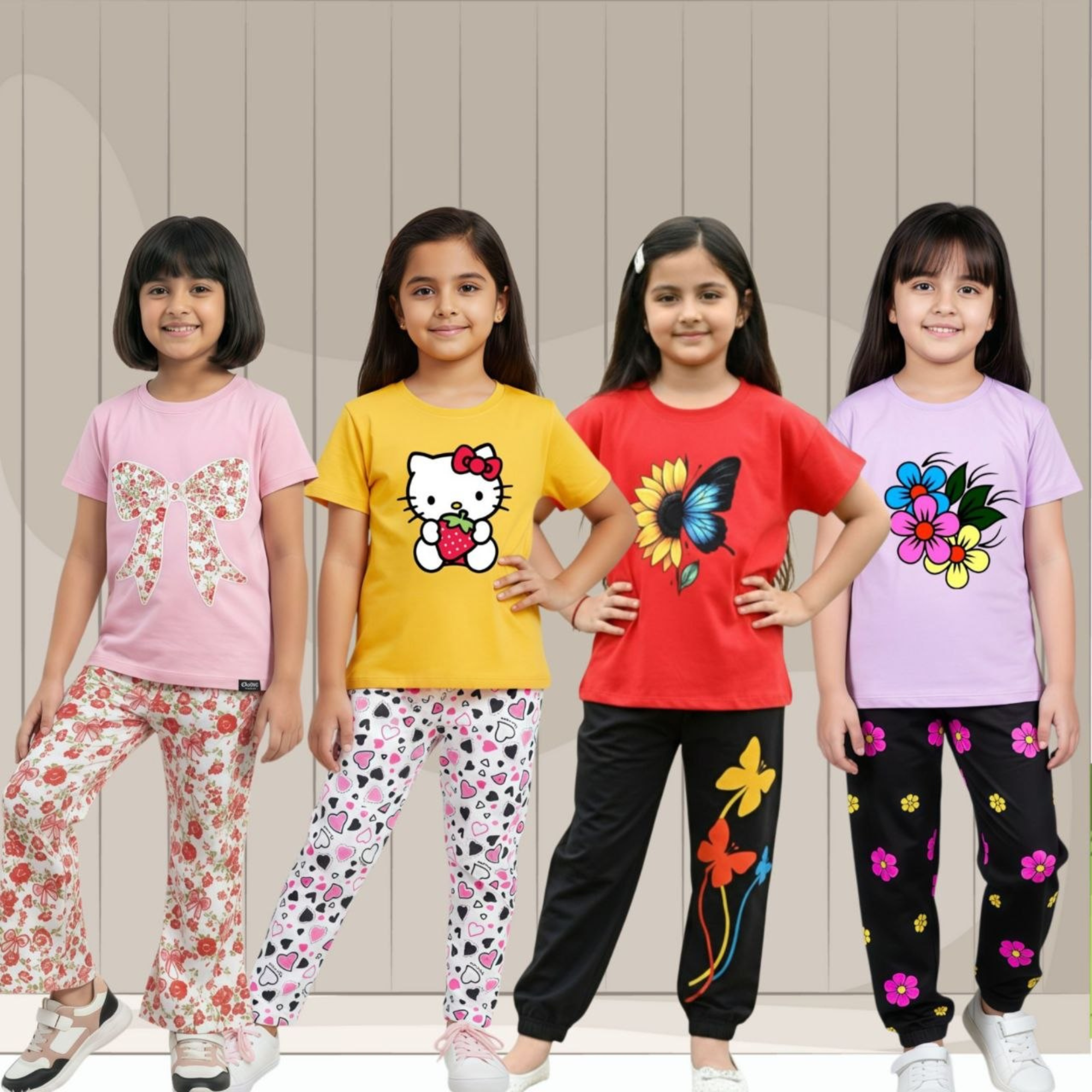 (3Y–12Y ) 4 set Combo  Girls Soft Printed Top & Pants Set