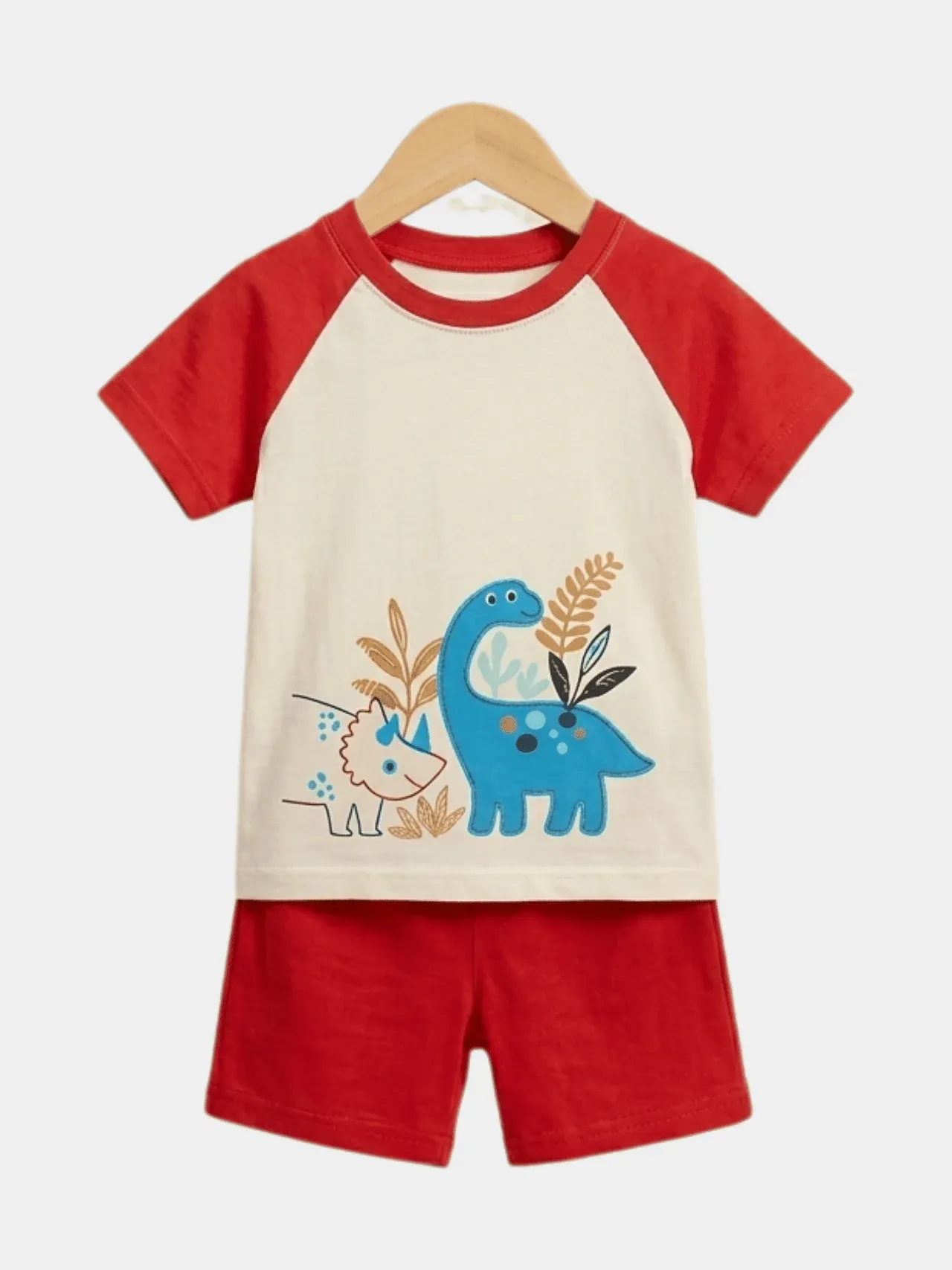 Boys "Dino Buddies" Two-Tone T-Shirt & Shorts Set - Red/Cream
