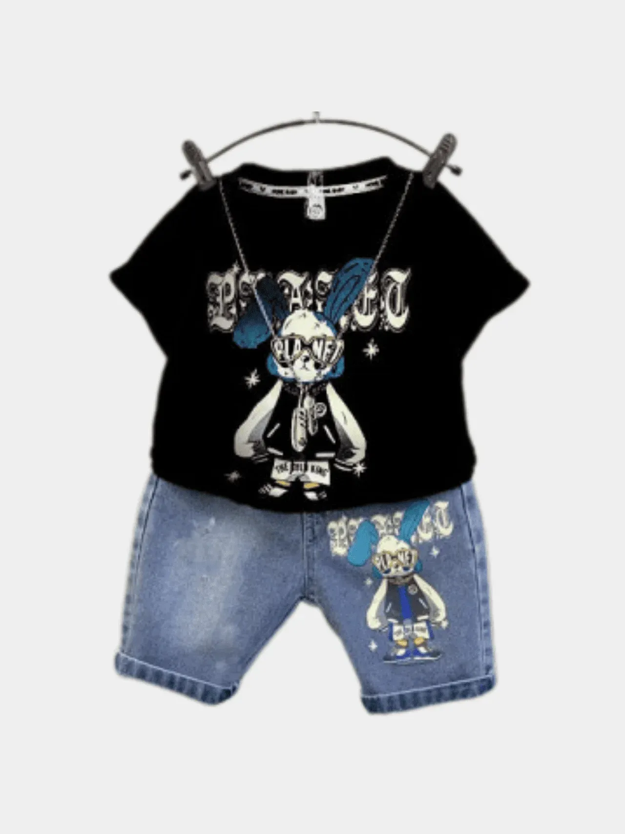 Boys' "Planet Bunny" Black Graphic Tee & Denim Shorts Set
