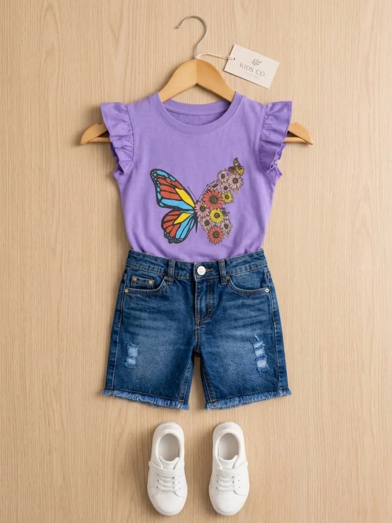 Girls Butterfly Flutter-Sleeve Top & Denim Shorts Set
