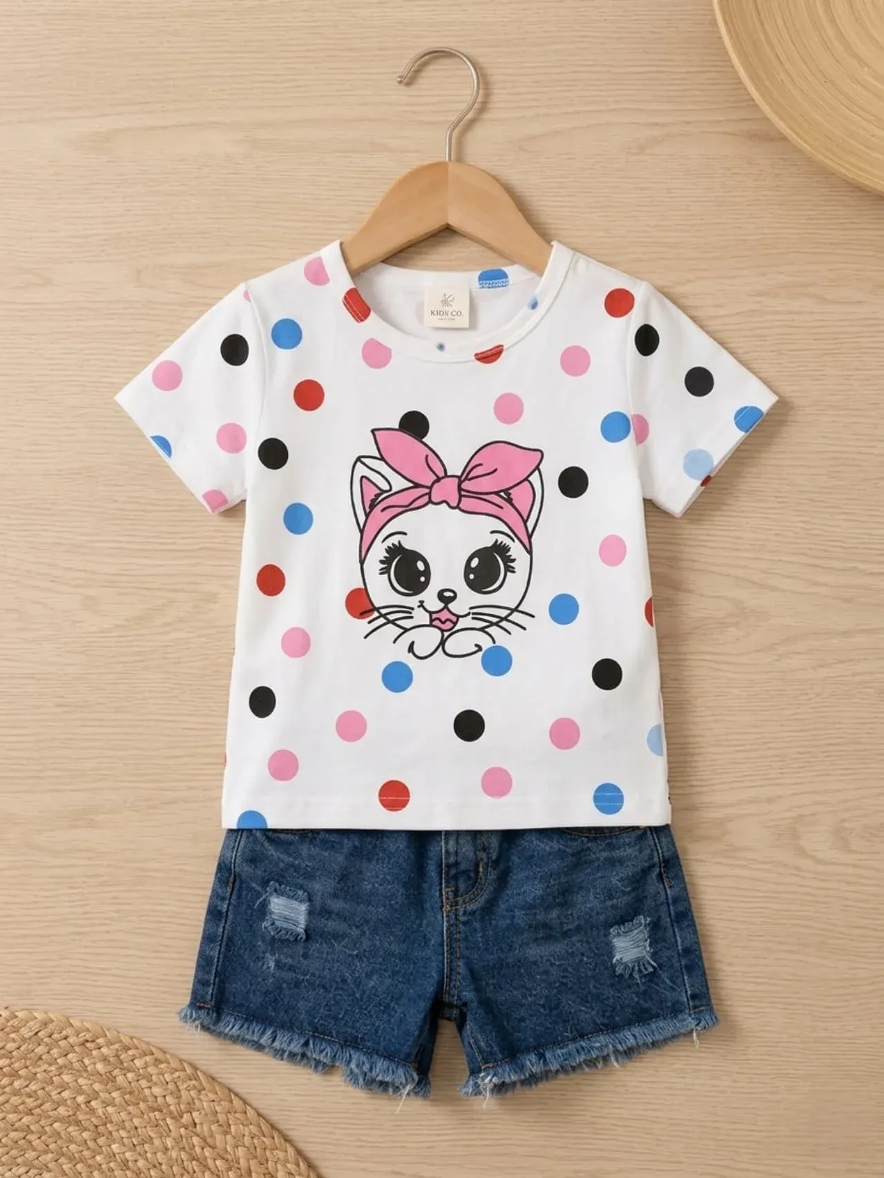Kitty Polka Dot Tee & Denim Shorts Set
